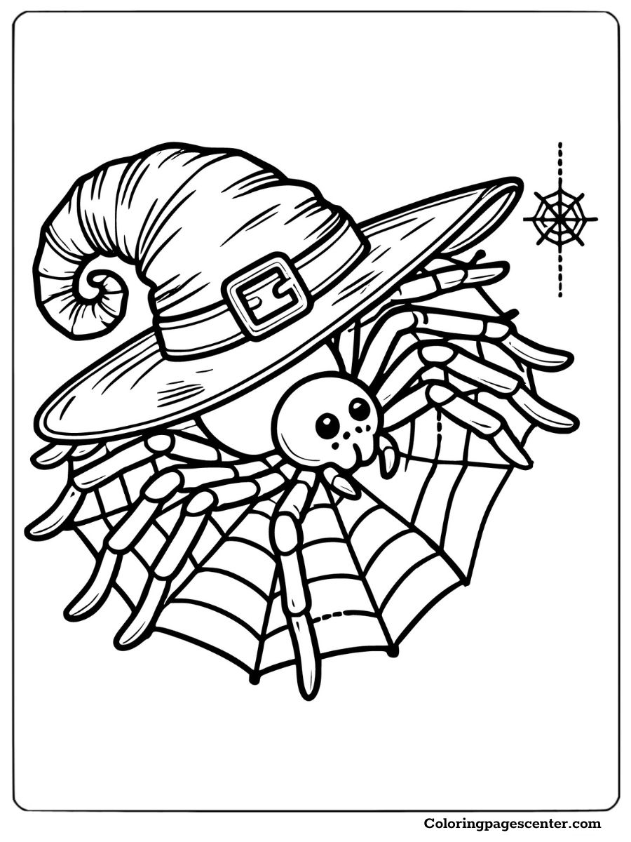 Adorable spider wearing a witch hat on its web coloring page