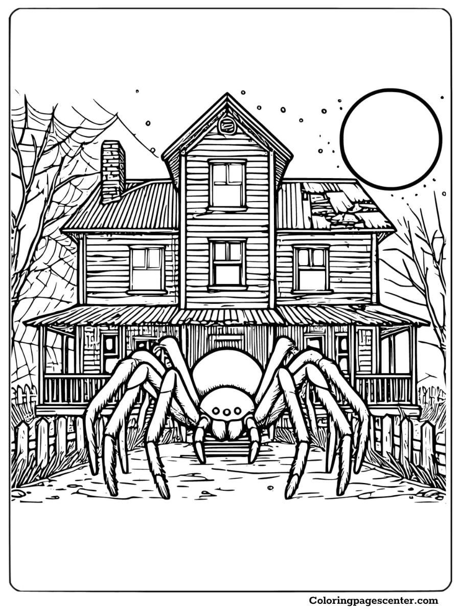 Halloween spider in front of a haunted house coloring page