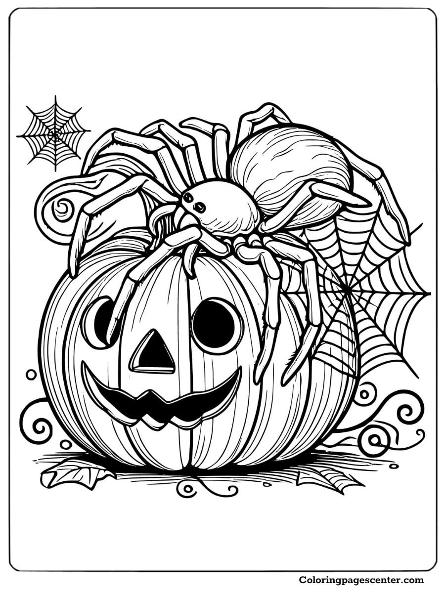 Spider sitting on a carved Halloween pumpkin coloring page