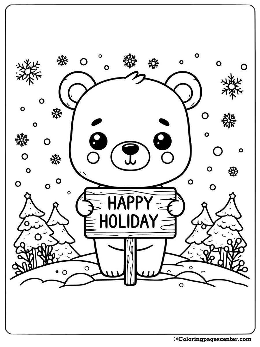 A bear in the snow holding a holiday sign to color