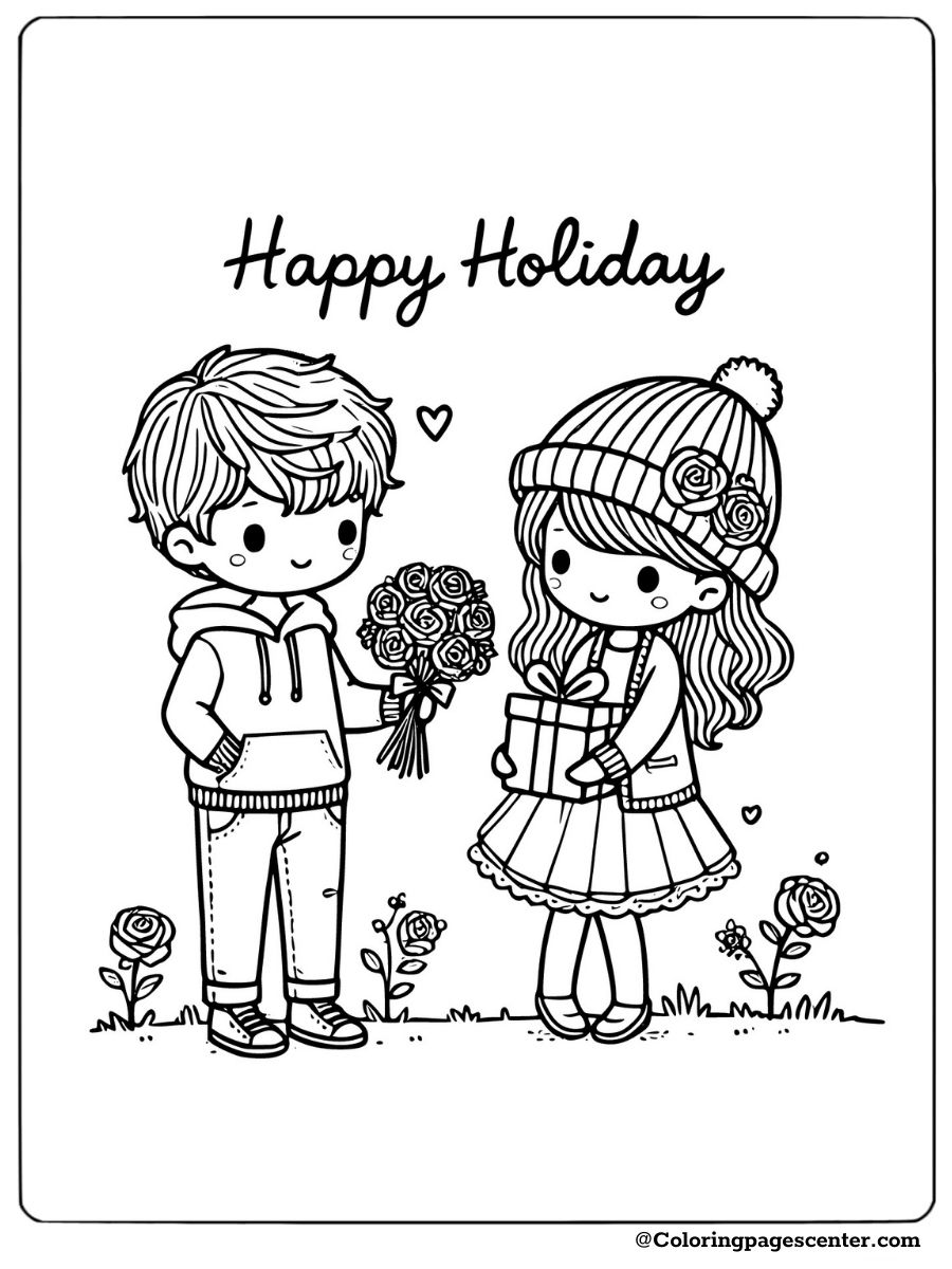 Boy and girl sharing holiday joy coloring page for kids