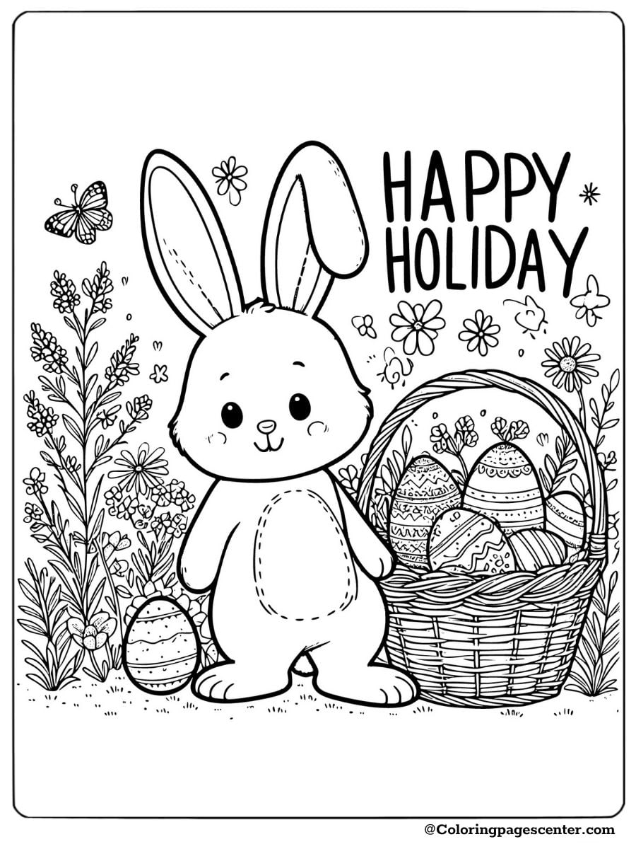 Cute Easter bunny with a basket of eggs coloring page