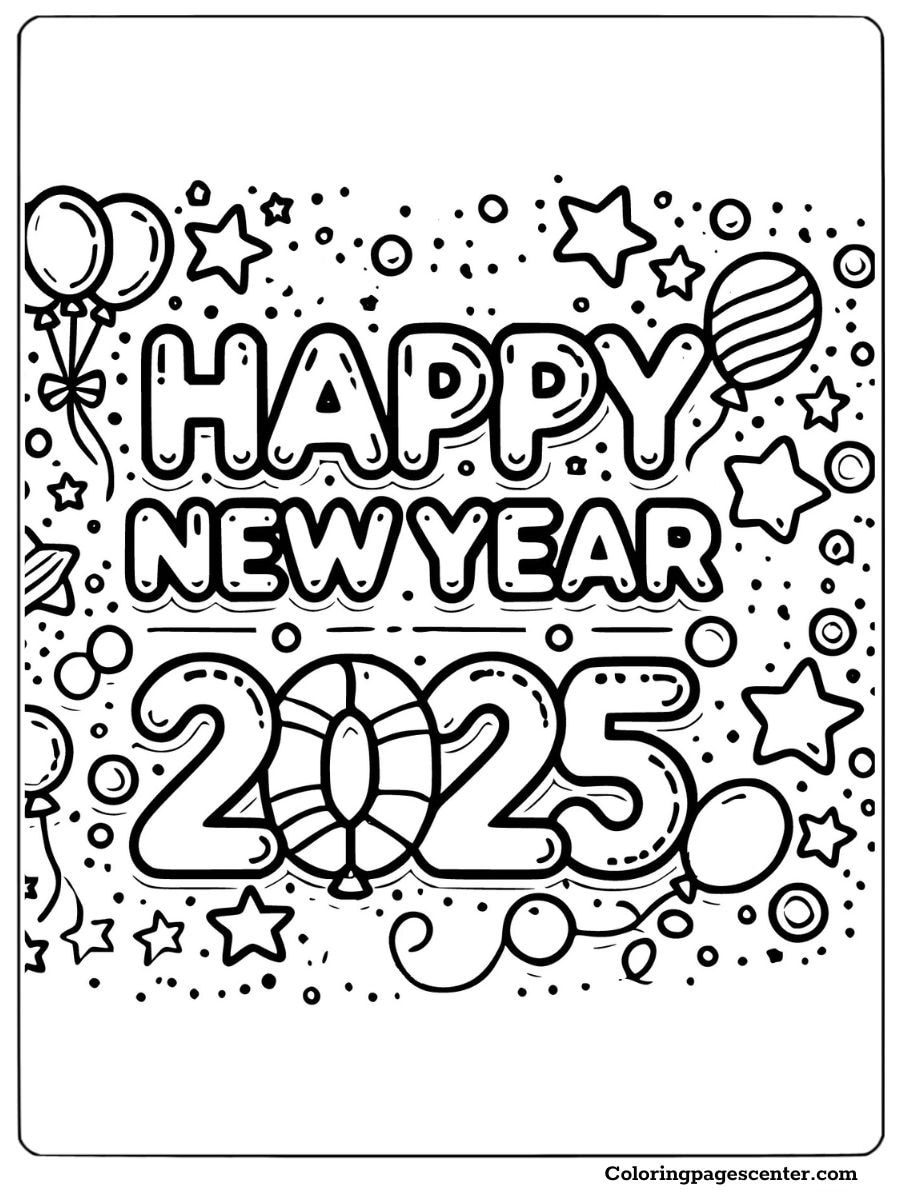 Colorful New Year 2025 balloons and stars holiday page