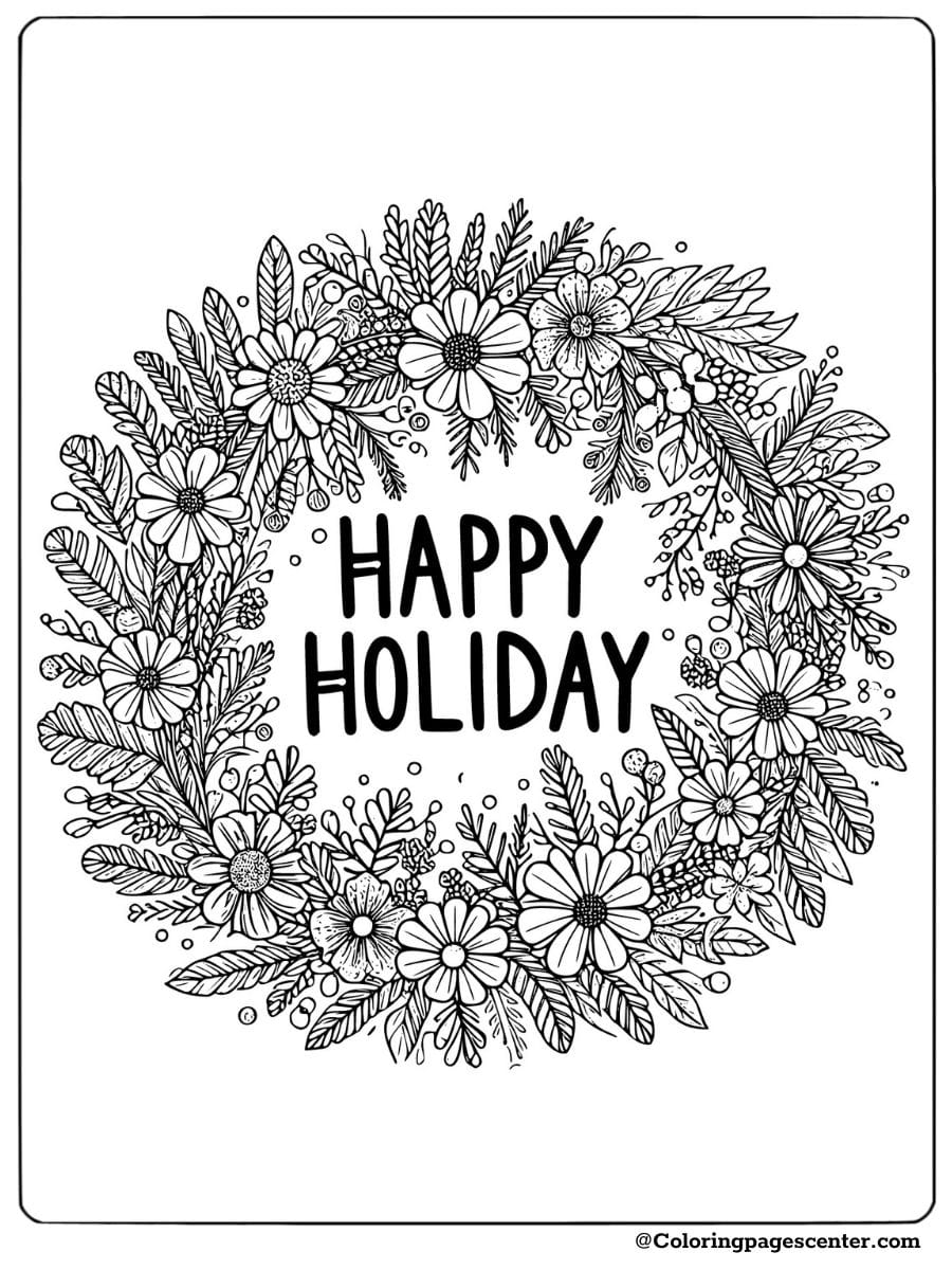 Intricate floral wreath for a holiday coloring page