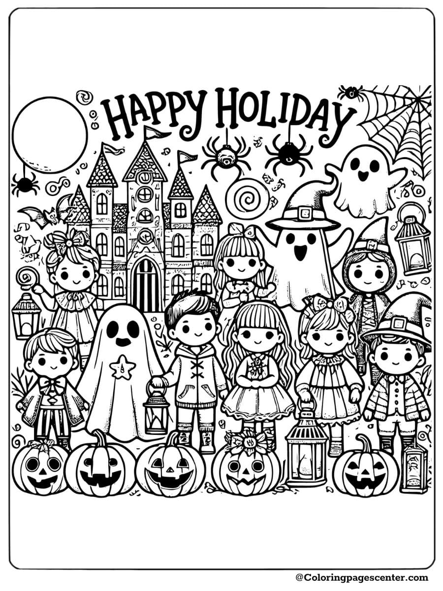 Halloween characters in fun costumes for a holiday coloring page