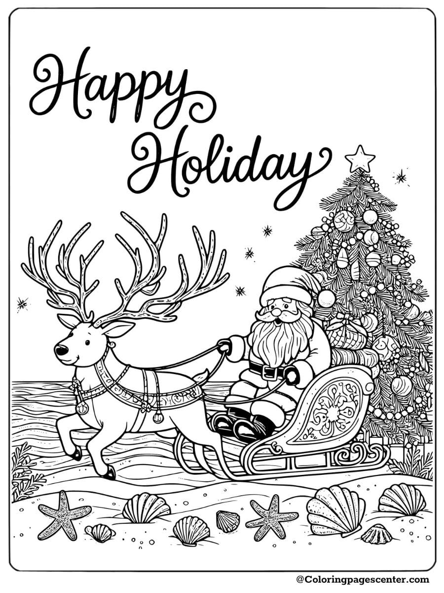 Santa riding a sleigh with reindeer for a holiday coloring page