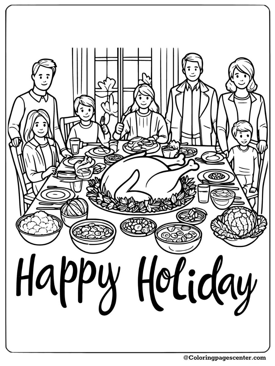 Family enjoying a holiday Thanksgiving dinner coloring page