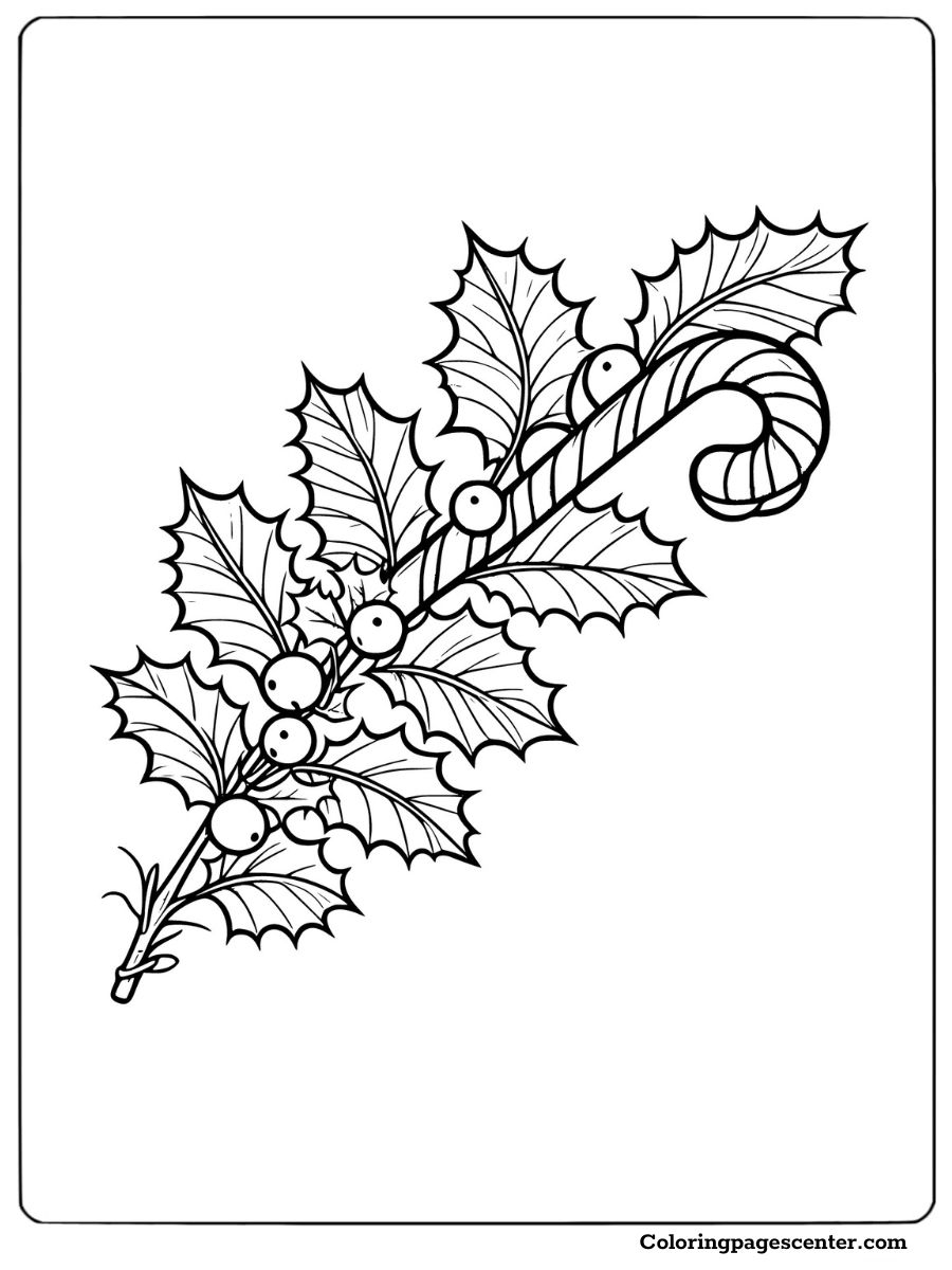 Holly branch with berries and candy cane Christmas coloring page