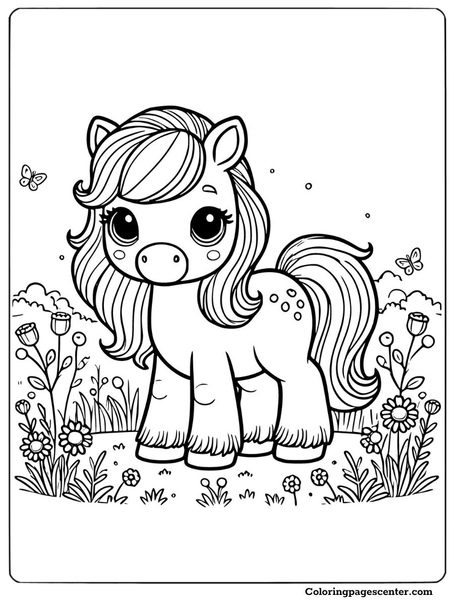 A cute horse coloring page with flowers for kids