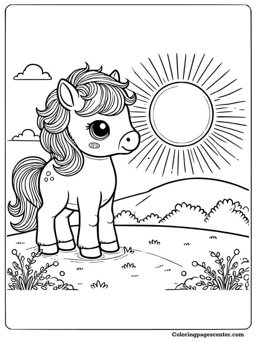 A horse standing in a sunny field coloring page