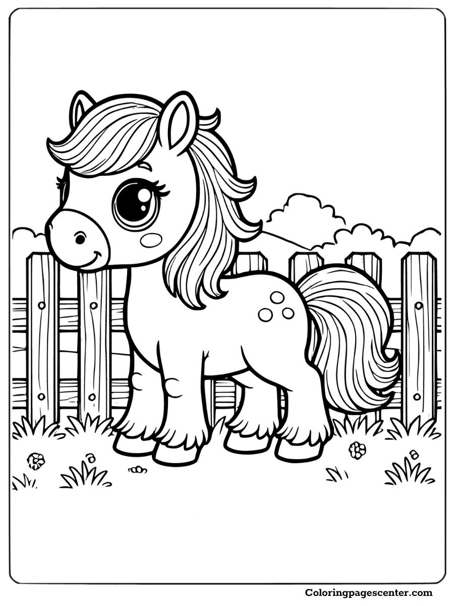 A happy horse near a wooden fence coloring page for kids