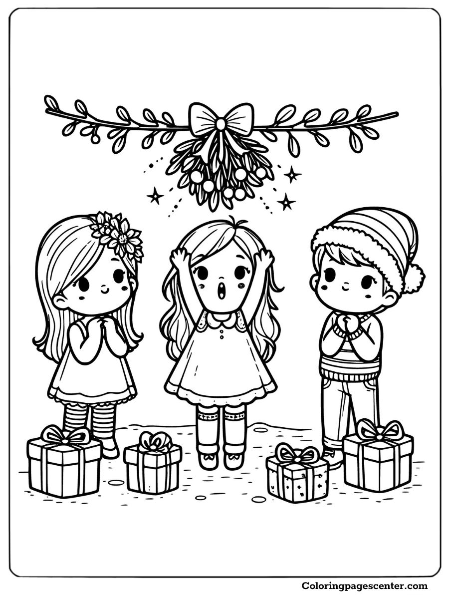 Kids celebrating under mistletoe in Christmas coloring page