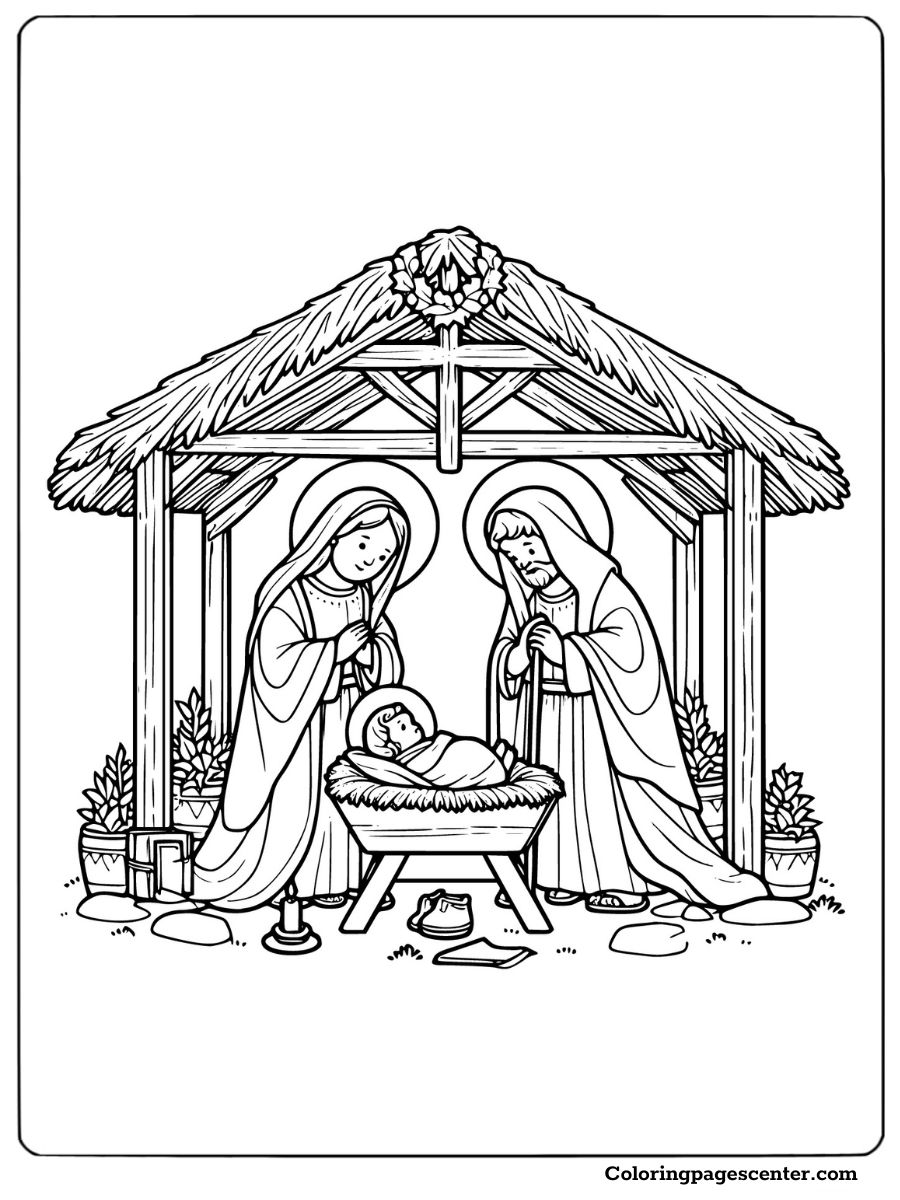 A nativity scene with Mary, Joseph, and baby Jesus coloring page