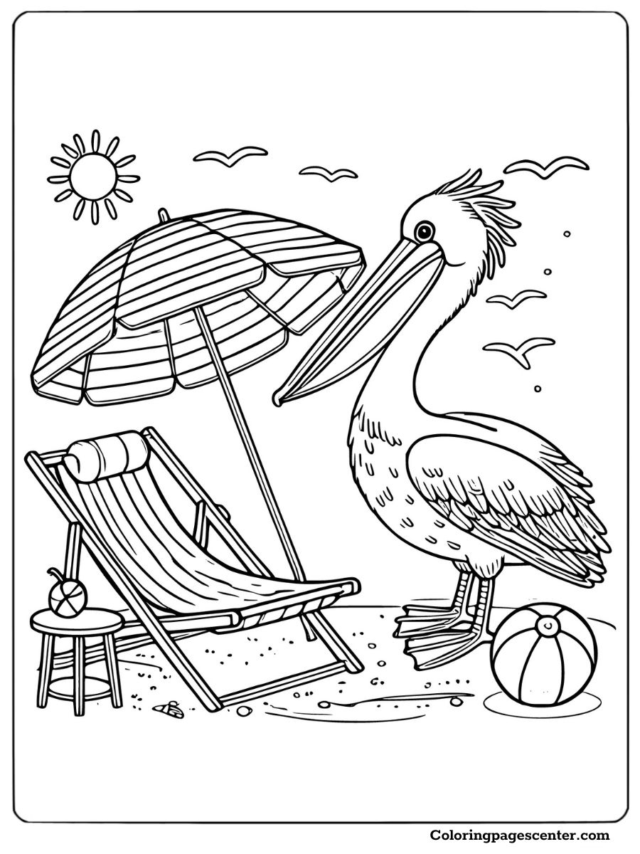 Coloring page of a pelican next to a beach umbrella and chair