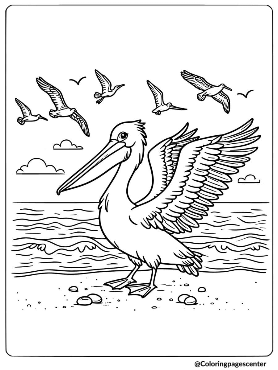 Coloring page of a pelican on a beach with seagulls flying overhead