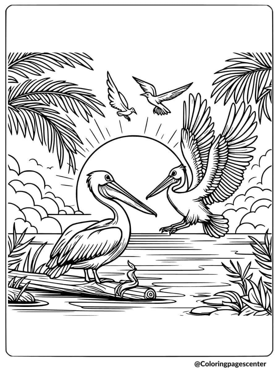 Pelicans near a lake with a sunset and palm trees coloring page