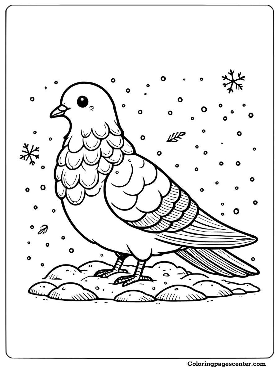 Pigeon standing in snow with falling snowflakes coloring page