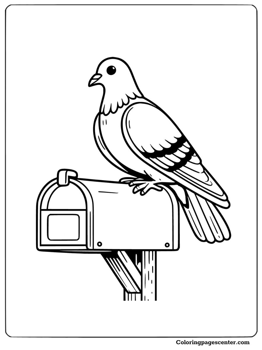 Pigeon perched on a mailbox outdoor scene coloring page