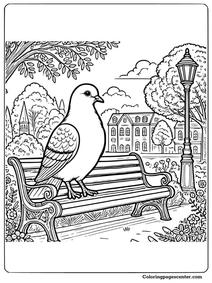 Pigeon resting on a park bench with trees and flowers coloring page