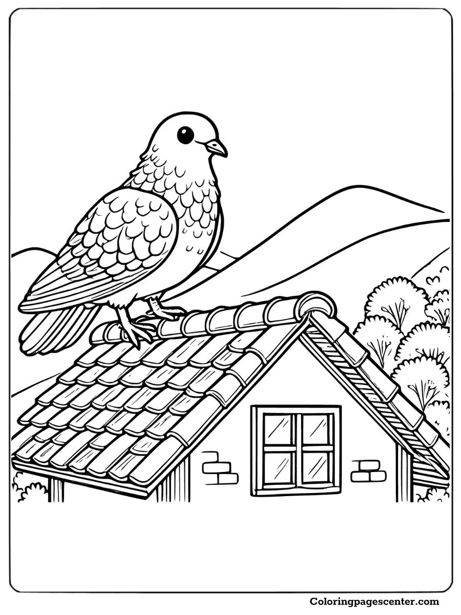 Pigeon sitting on a rooftop with mountains view coloring page