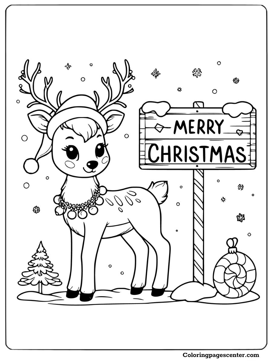 Cute reindeer beside a Merry Christmas sign coloring page