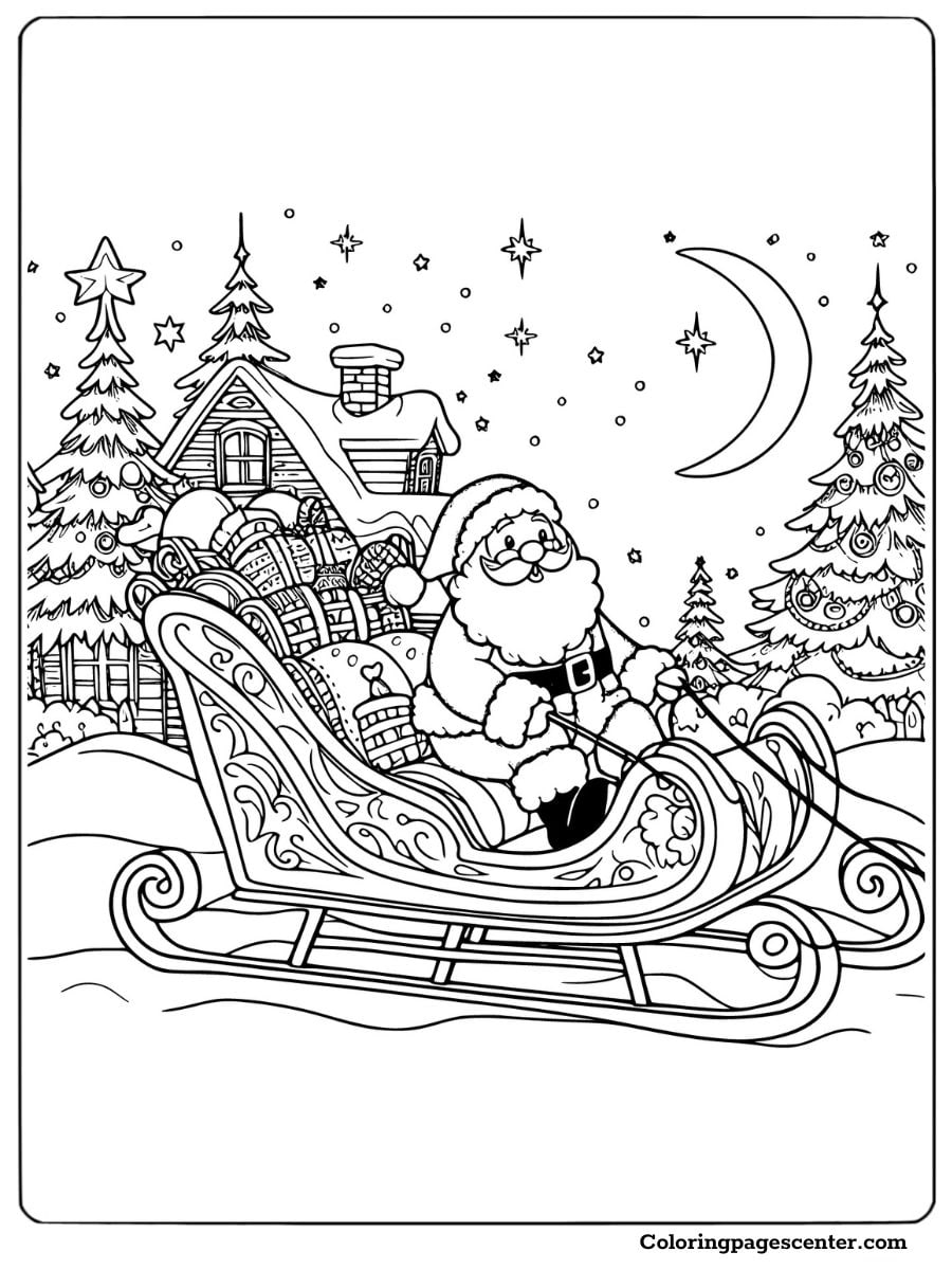 Santa riding a sleigh full of presents coloring page