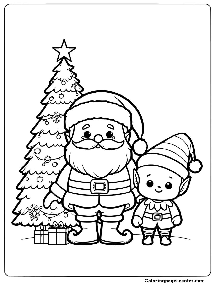 Santa and elf standing by a decorated tree coloring page