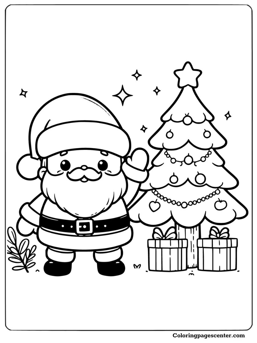 Santa next to a Christmas tree with gifts coloring page