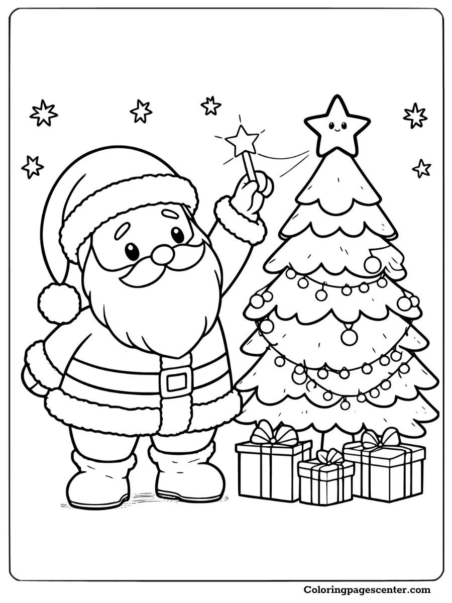 Santa placing star on a Christmas tree coloring page