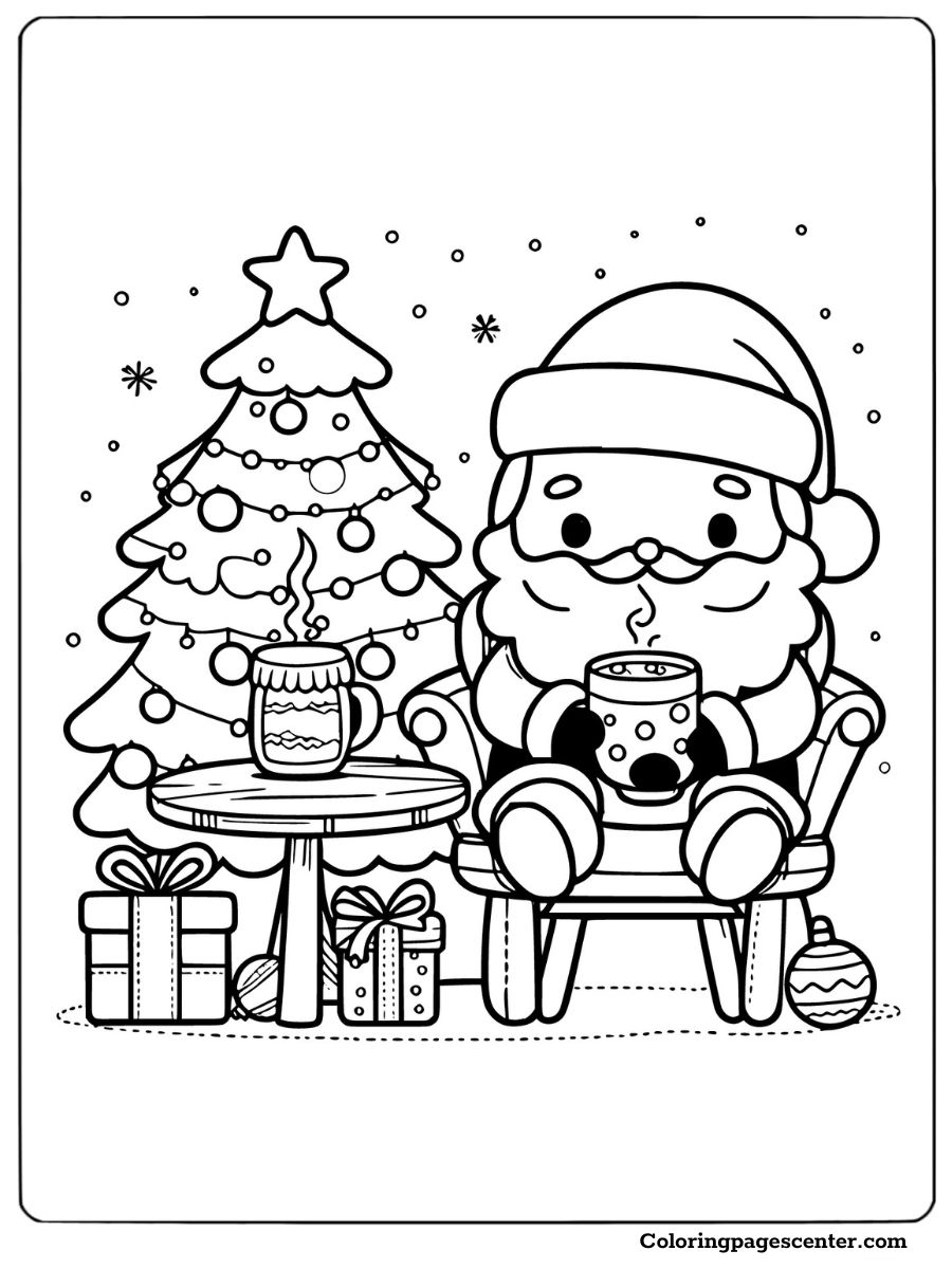 Santa enjoying cocoa beside a Christmas tree coloring page