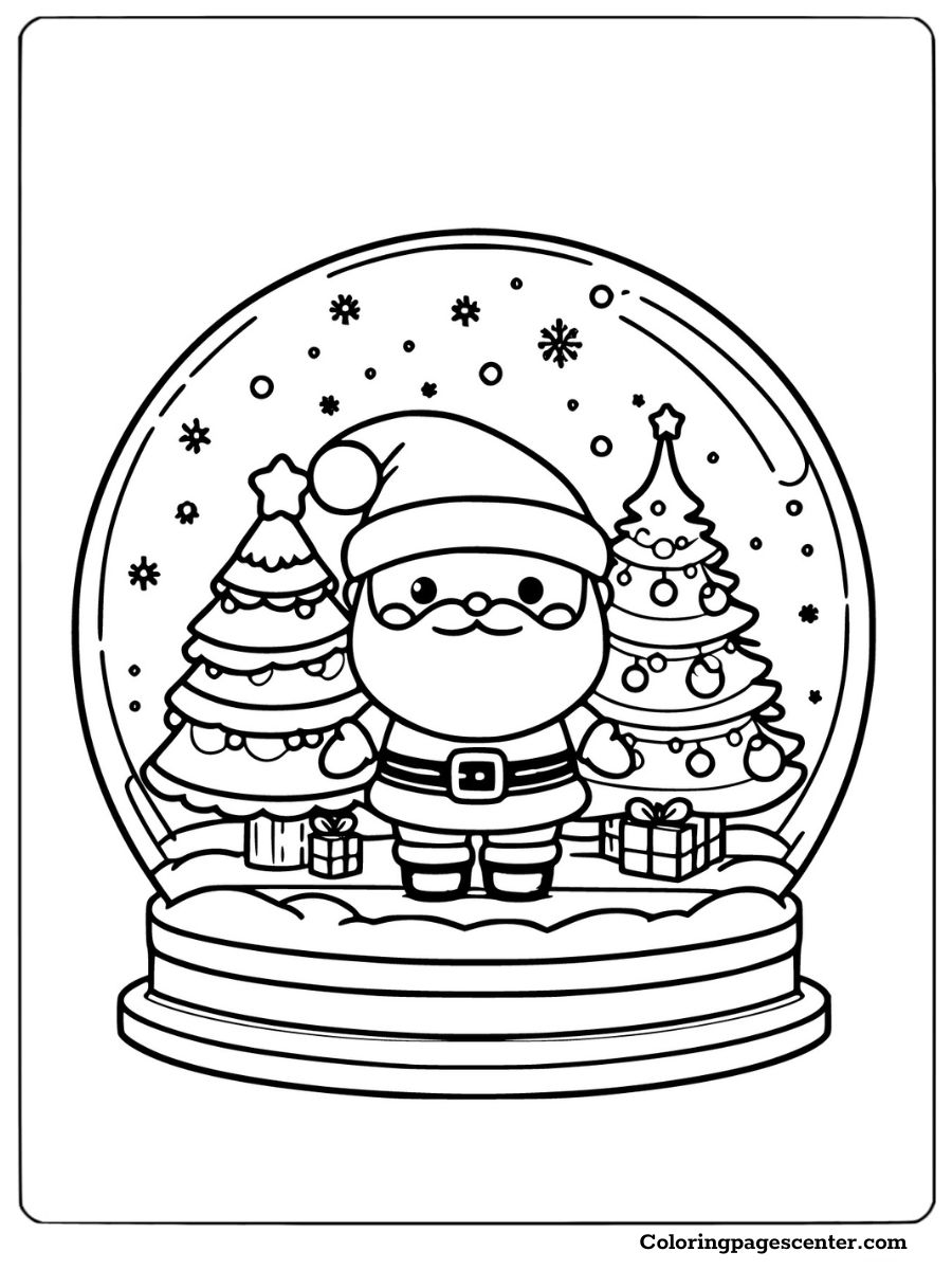 Santa in snow globe with decorated trees coloring page