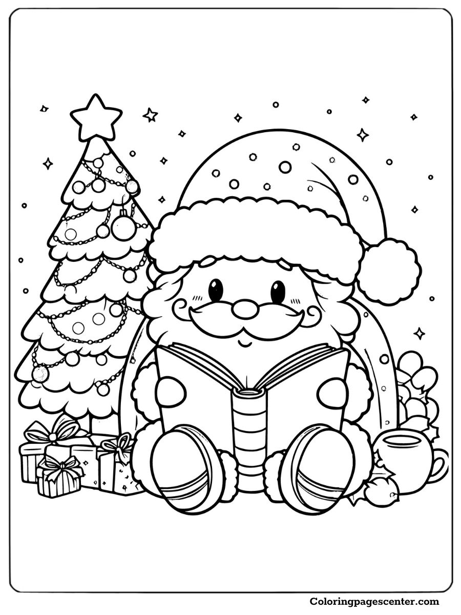 Santa reading book near tree and gifts coloring page