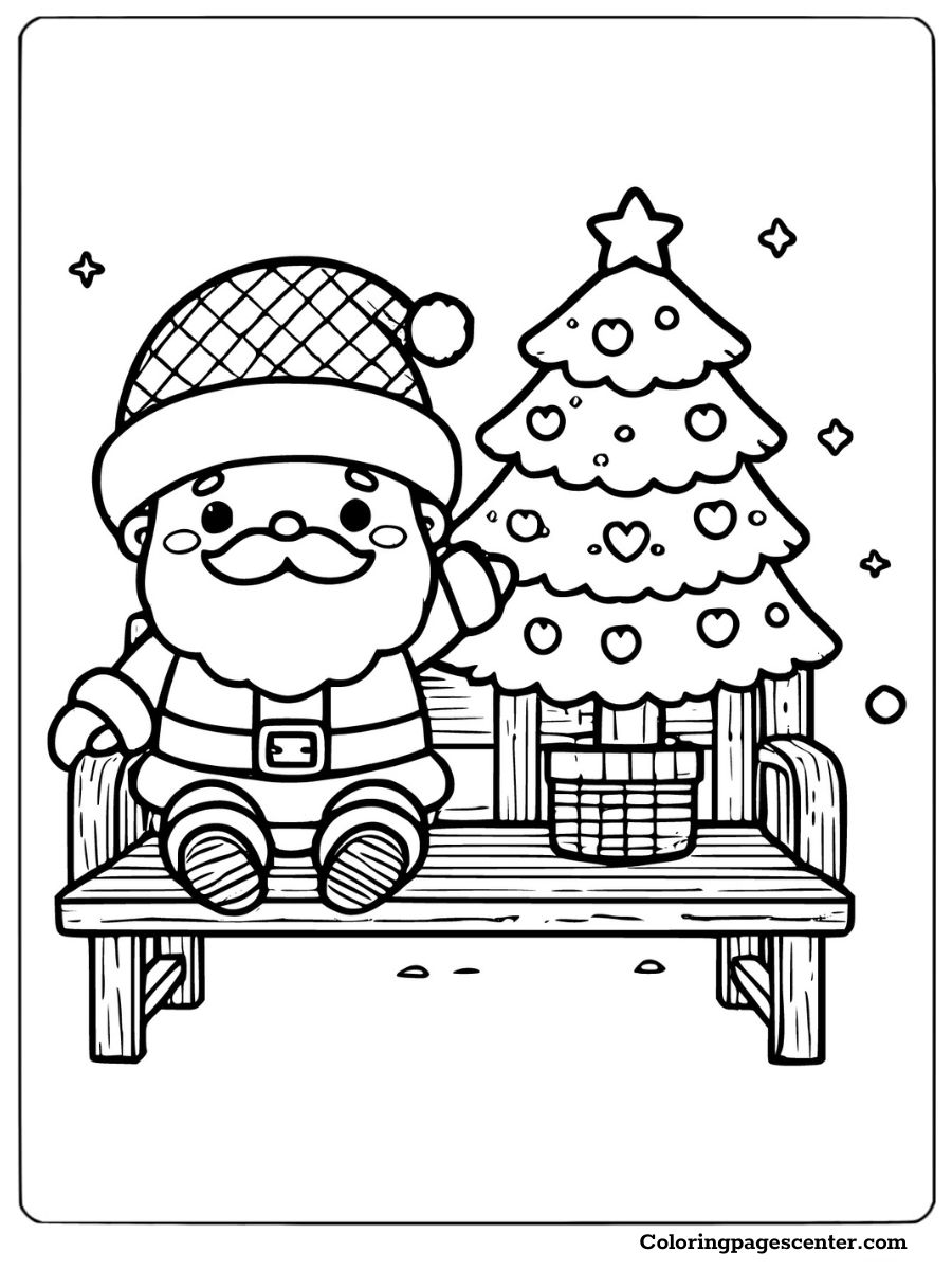 Santa sitting on a bench with tree coloring page