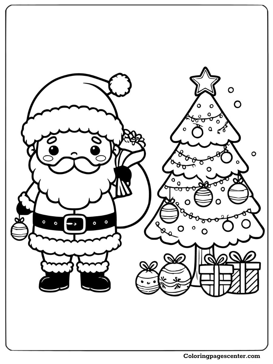 Santa holding bauble near a decorated tree coloring page