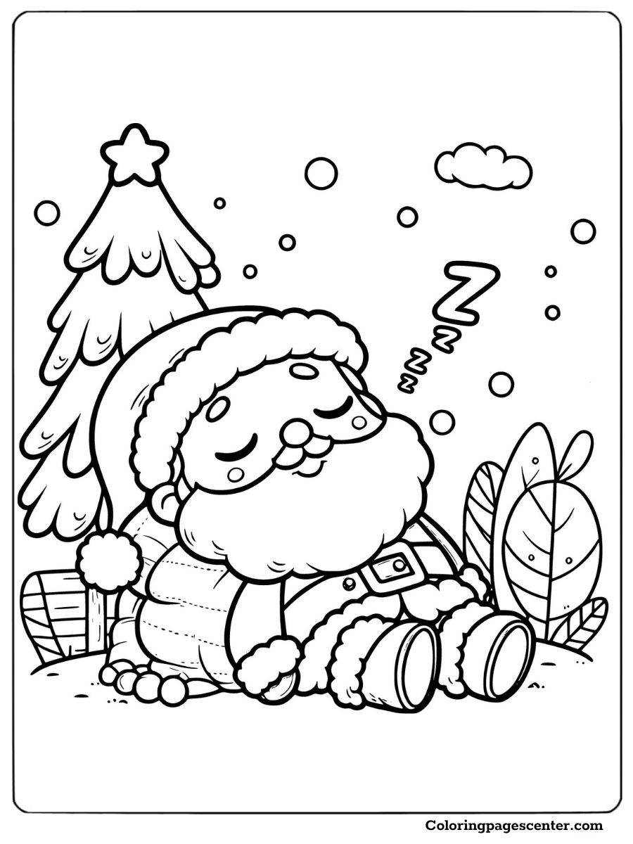 Santa sleeping under a Christmas tree in snow coloring page