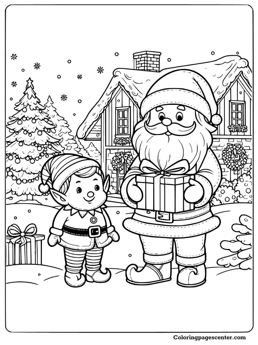 Santa and elf delivering Christmas gifts coloring page