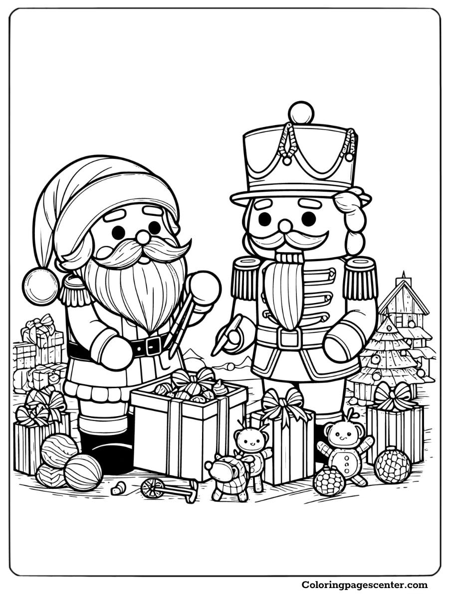 Santa and nutcracker decorating with Christmas gifts coloring page