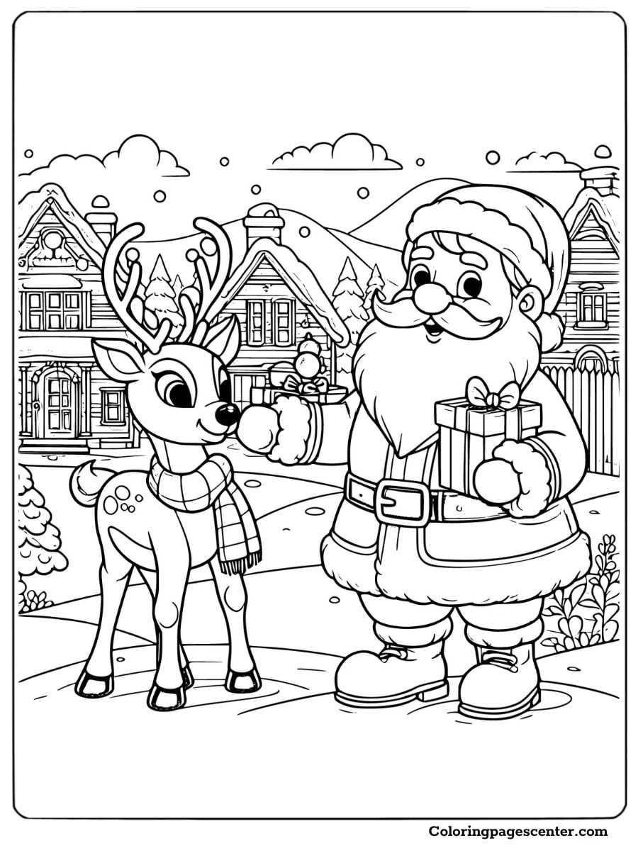 Christmas coloring page of Santa with a reindeer