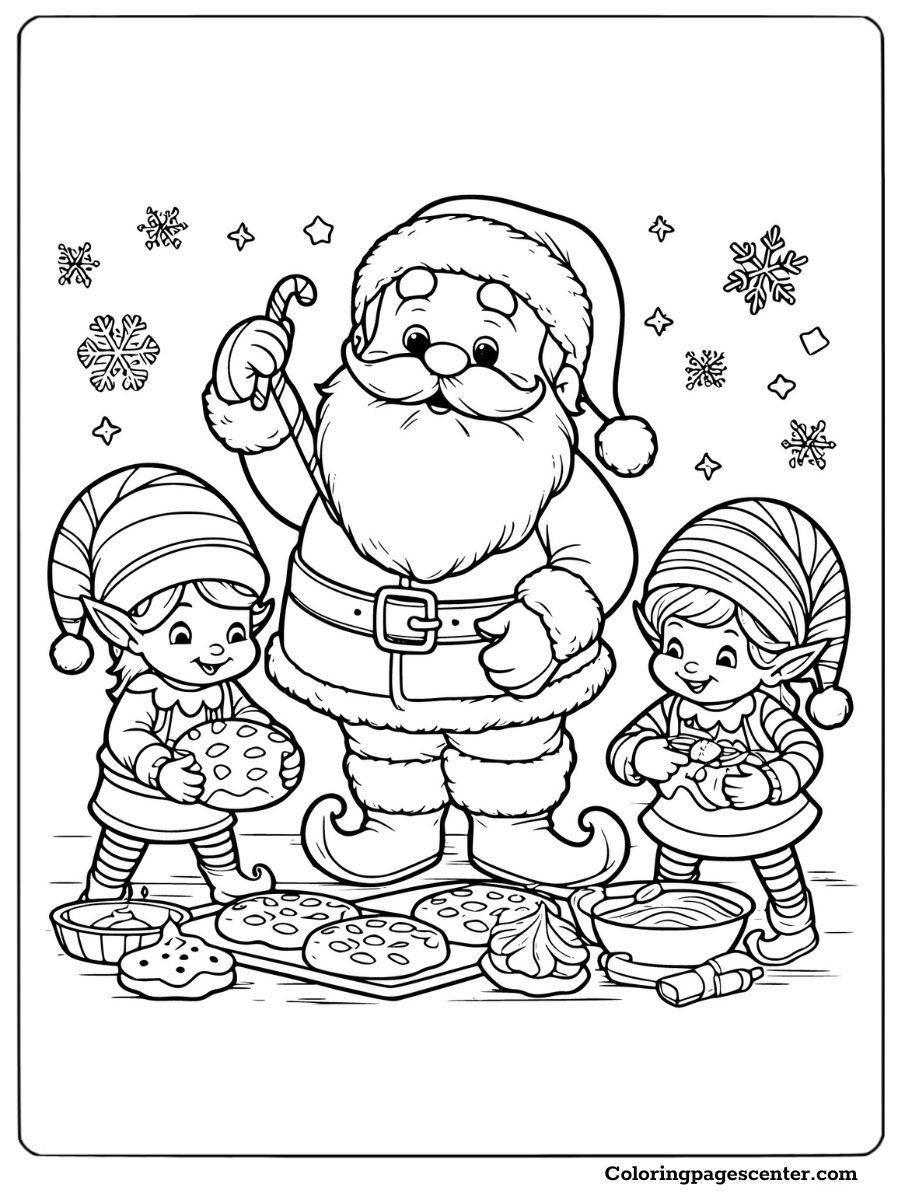 Christmas cookie baking with Santa and elves coloring page