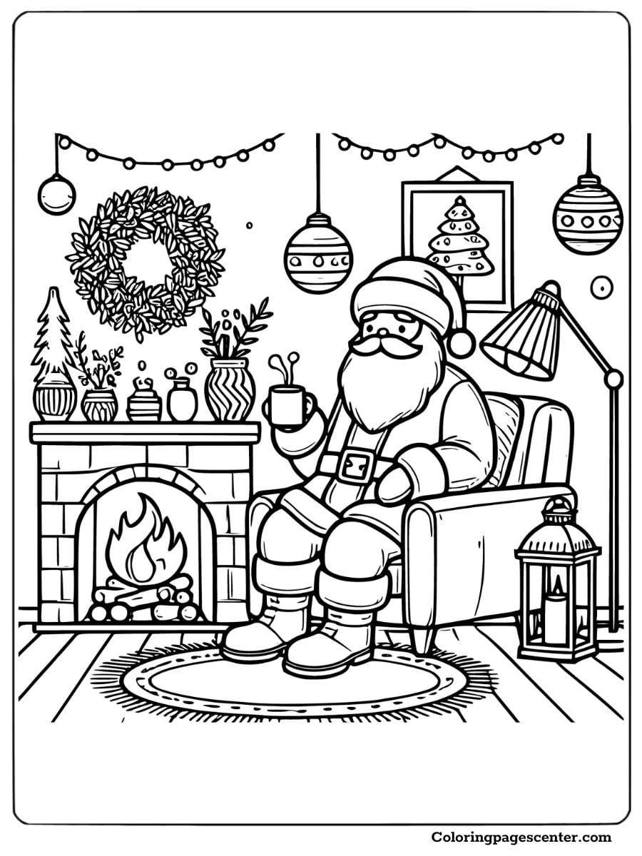 Santa relaxing by the fireplace in a cozy coloring page