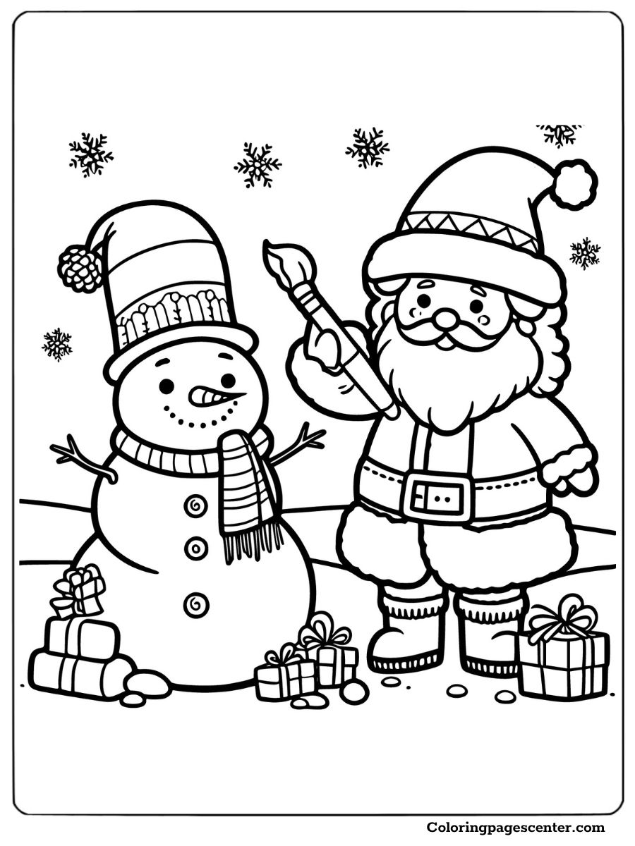 Coloring page featuring Santa and a snowman