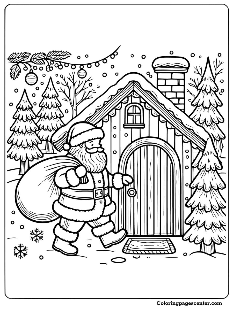 Santa arriving at a snowy cabin with a sack coloring page