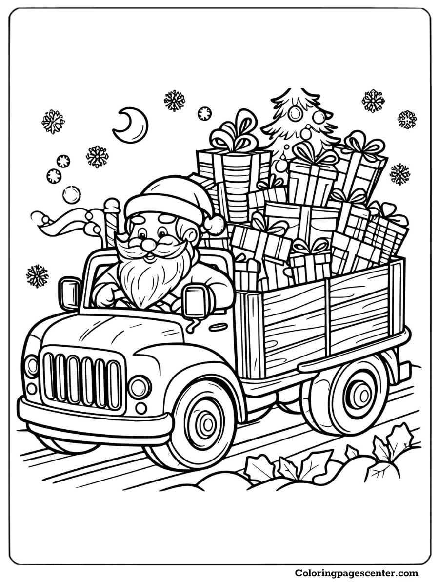 Santa delivering presents in a truck coloring page