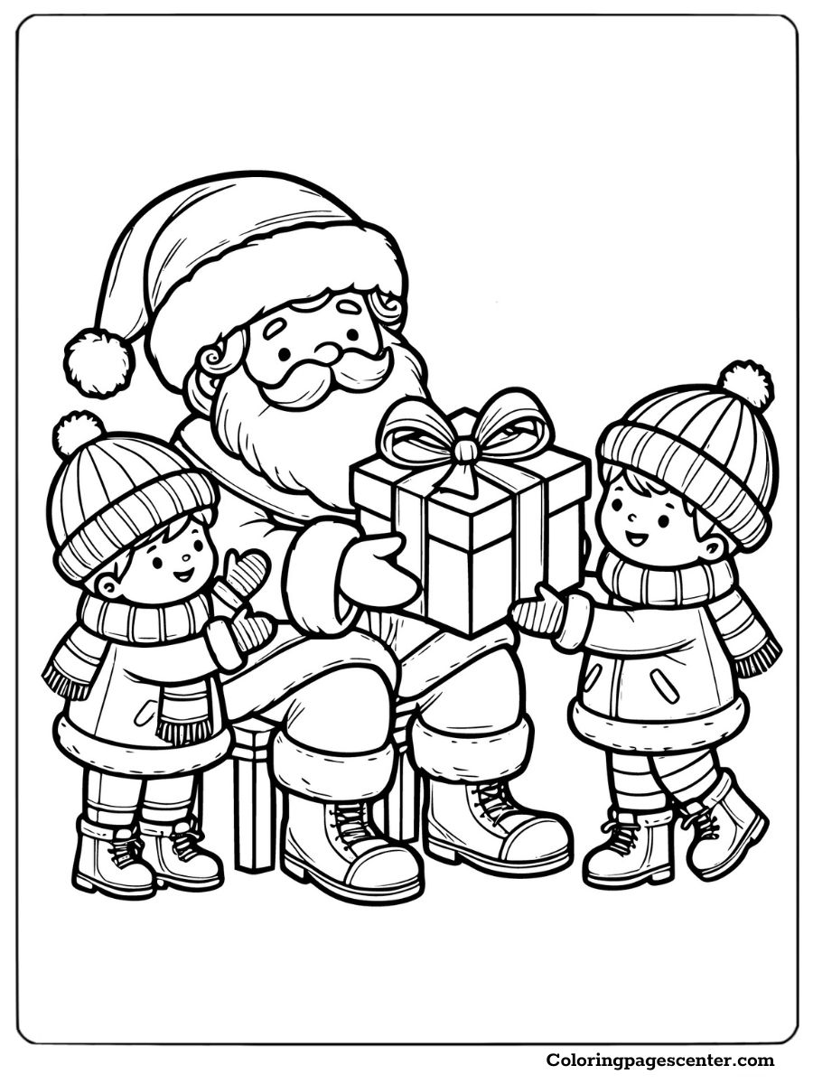 Santa handing gifts to children in this coloring page