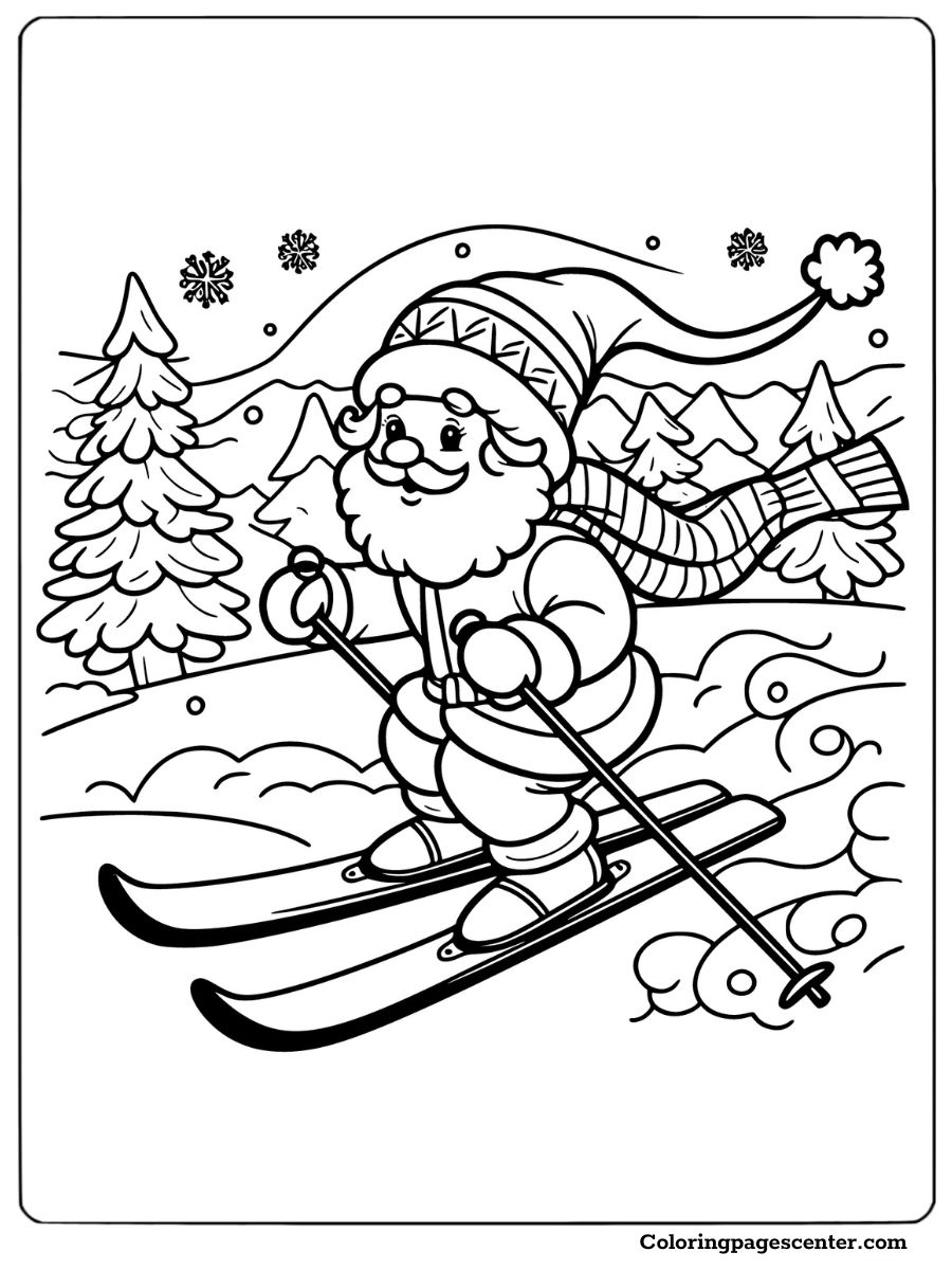 Santa skiing down a snowy hill in a coloring page