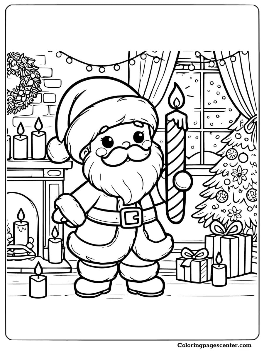 Cute Santa holding a candle in a festive coloring page