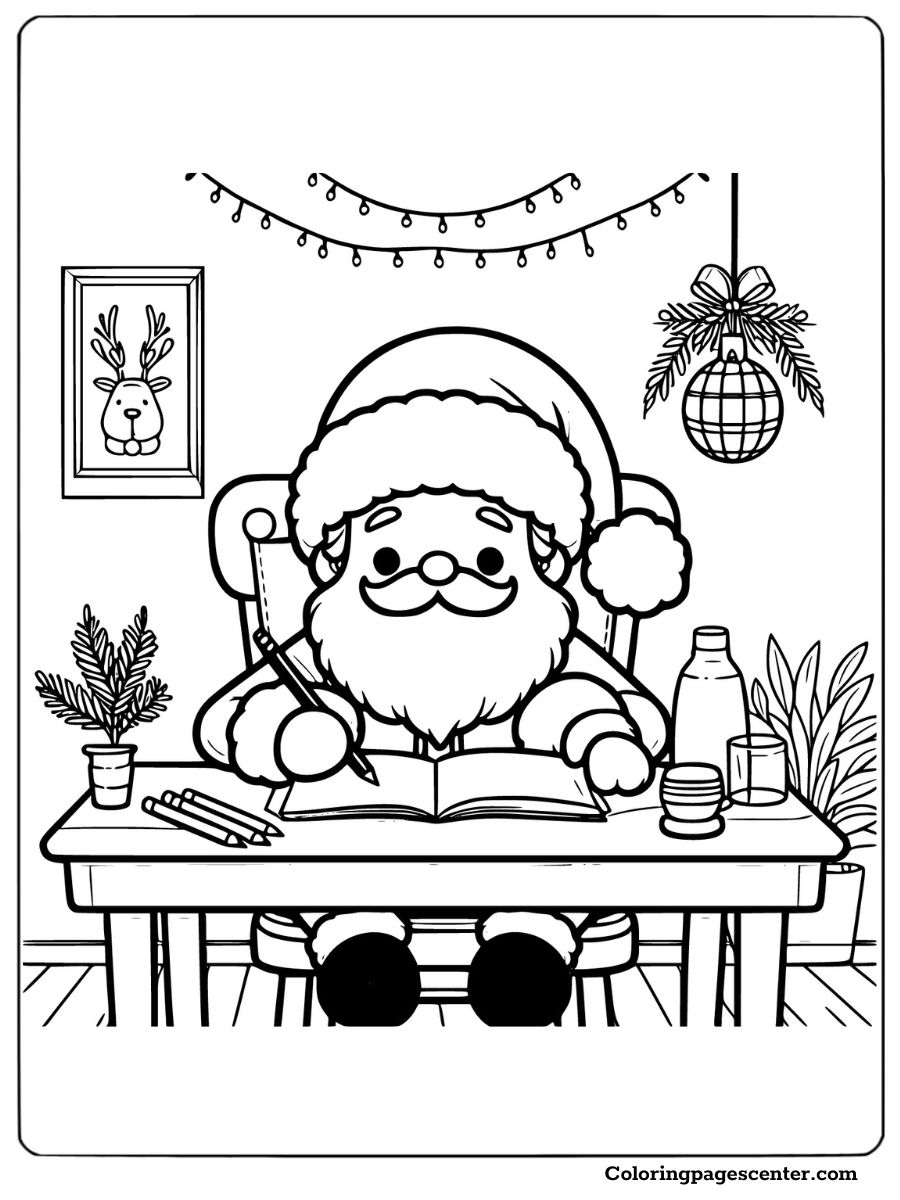 Santa busy writing letters at his desk coloring page