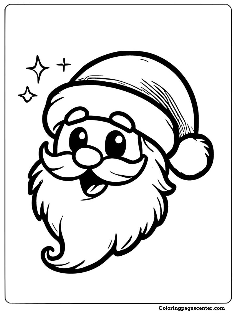 Santa face coloring page with a fluffy beard and starry details