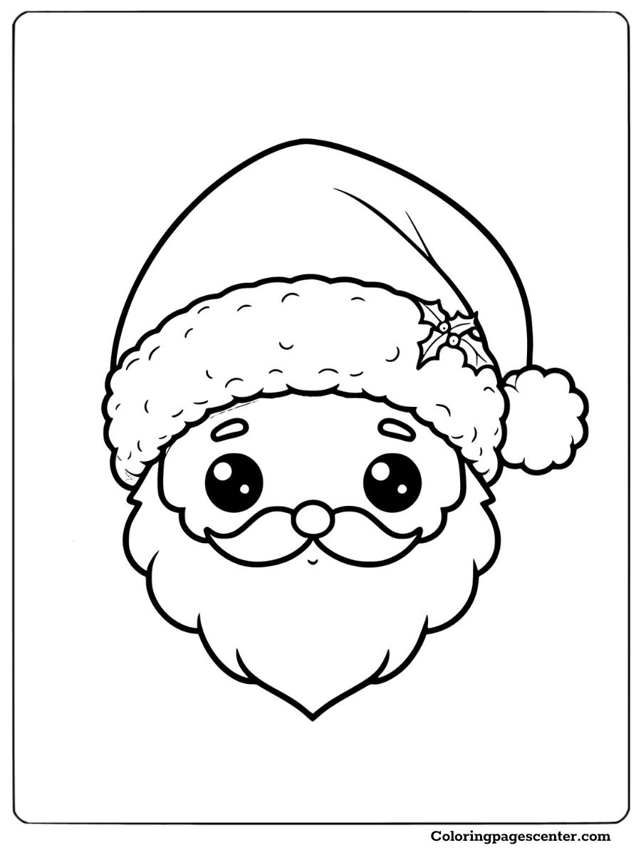 Adorable Santa face coloring page with holly detail