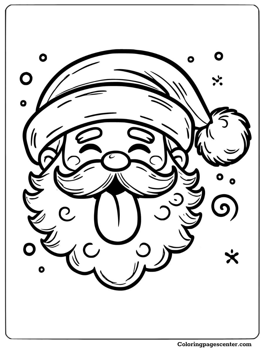 Funny Santa face coloring page with tongue out and swirls